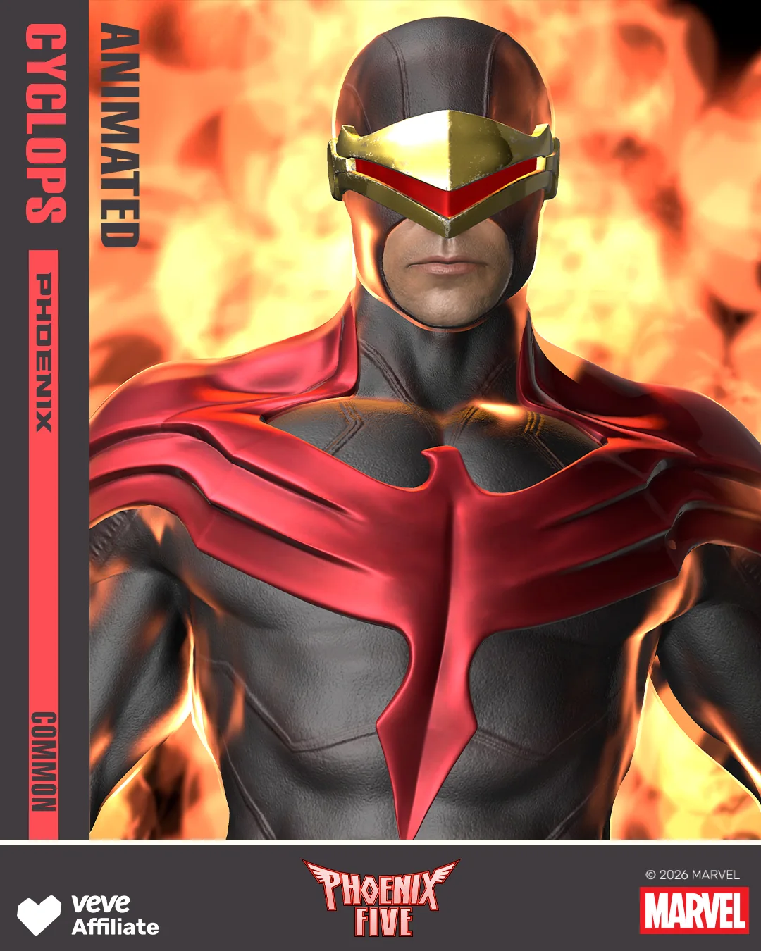 Frontales Promo-Bild von Cyclops im Phoenix-Five-Look mit Flammenhintergrund und Kennzeichnung als animierte Common-Variante.