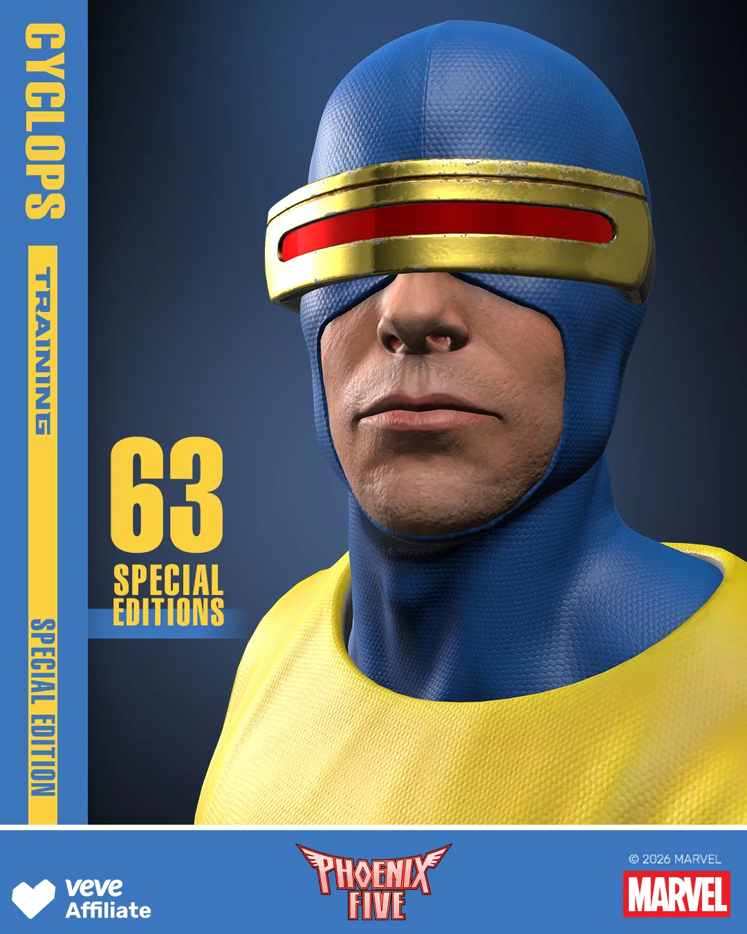 Cyclops im fruehen Trainingslook als Phoenix-Five-Asset auf VeVe, mit blau-gelbem Kostuem und Hinweis auf Special Edition.