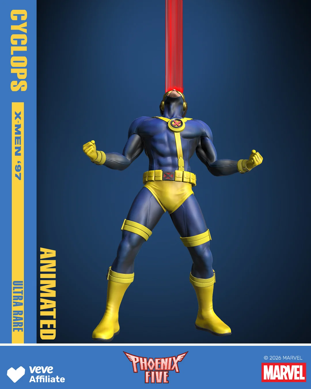 Ganzkoerperansicht von Cyclops im X-Men-97-Look mit Optic Blast, als animierte Ultra-Rare-Variante der Phoenix-Five-Reihe.