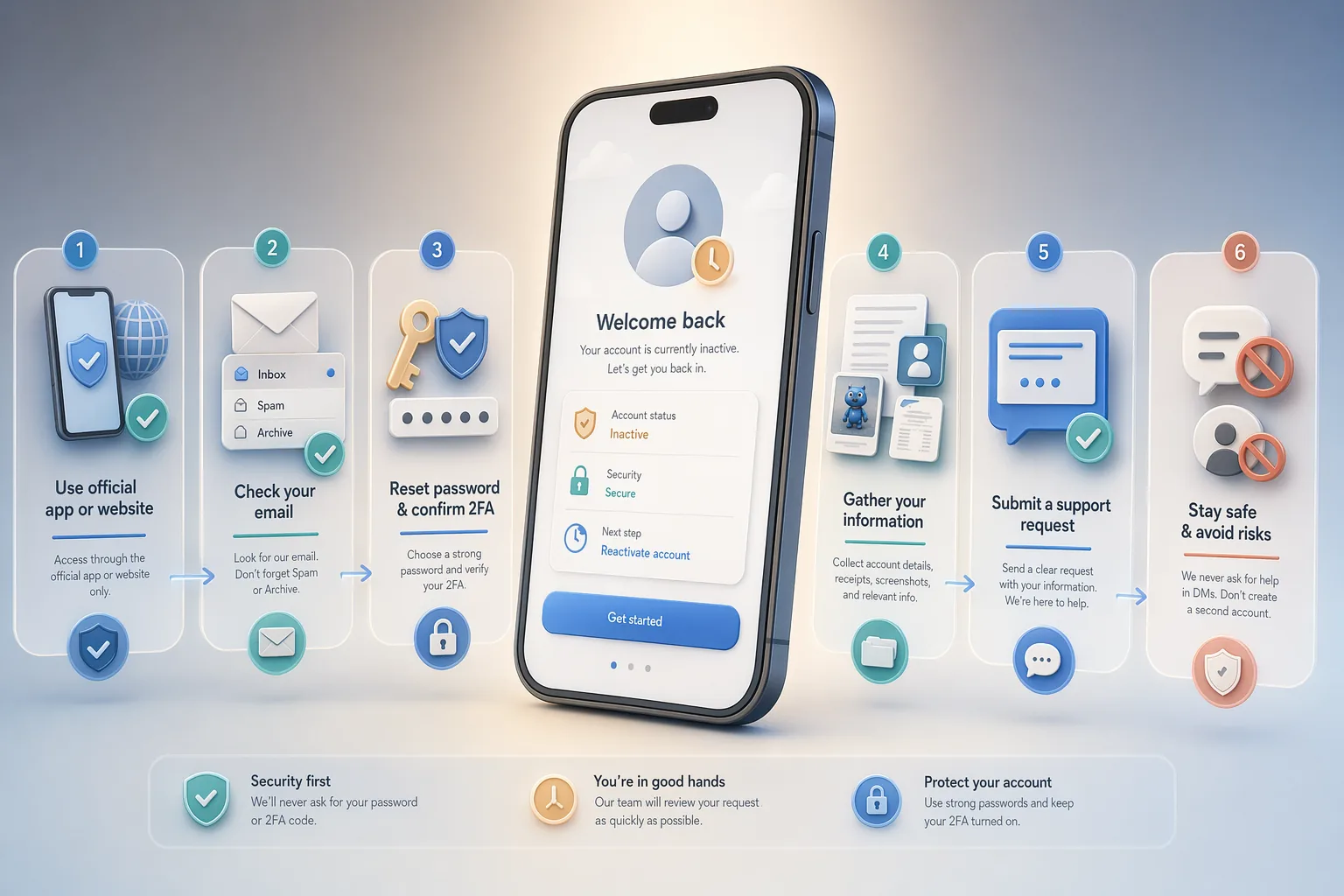 Ruhiger Reaktivierungs-Flow mit Smartphone: offizielle VeVe-App, E-Mail prüfen, Passwort und 2FA testen, Belege sammeln.