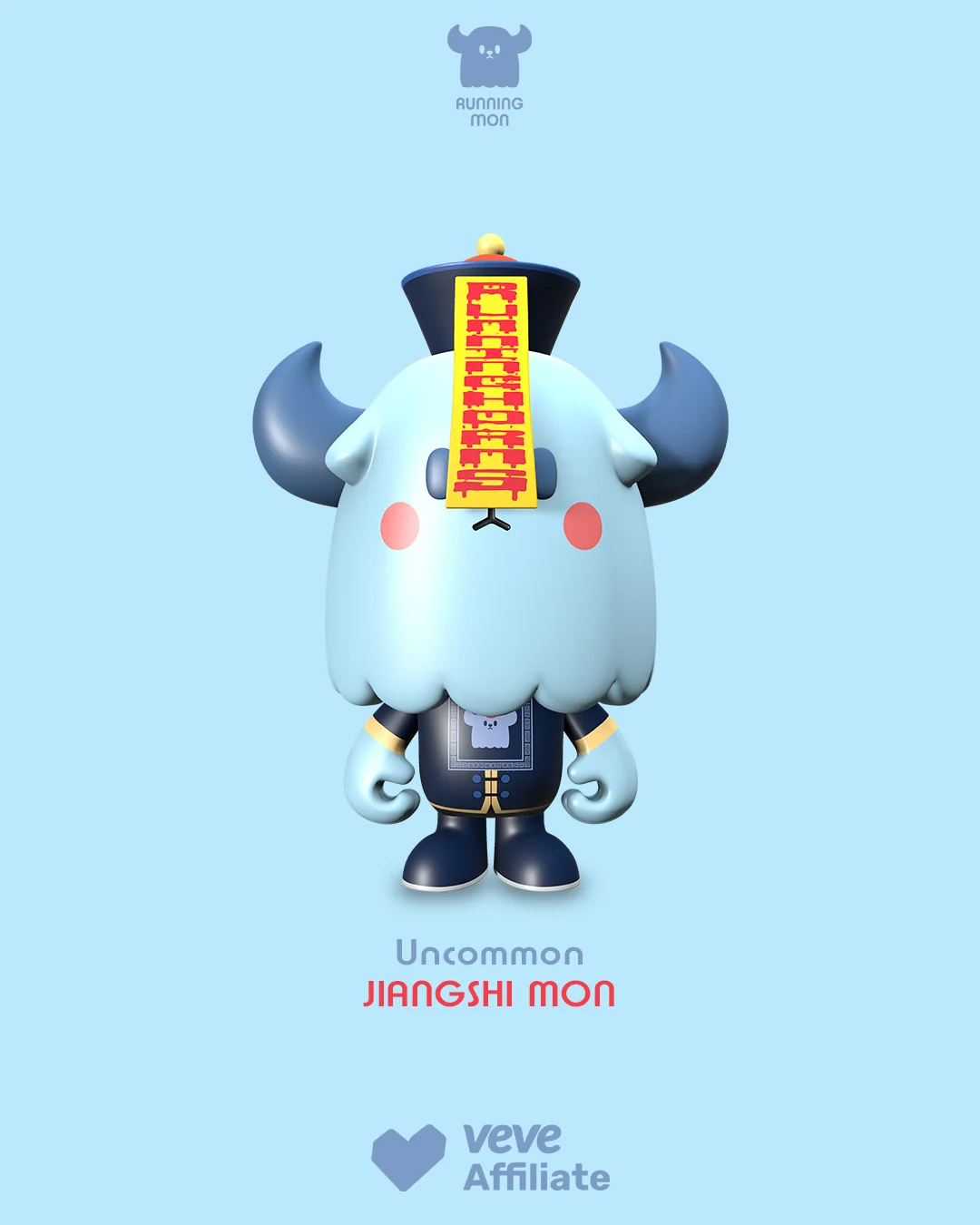 Jiangshi Mon aus Running Mon Series 2 als hellblaue Figur mit Talisman-Stirnstreifen in klassischer Frontansicht.