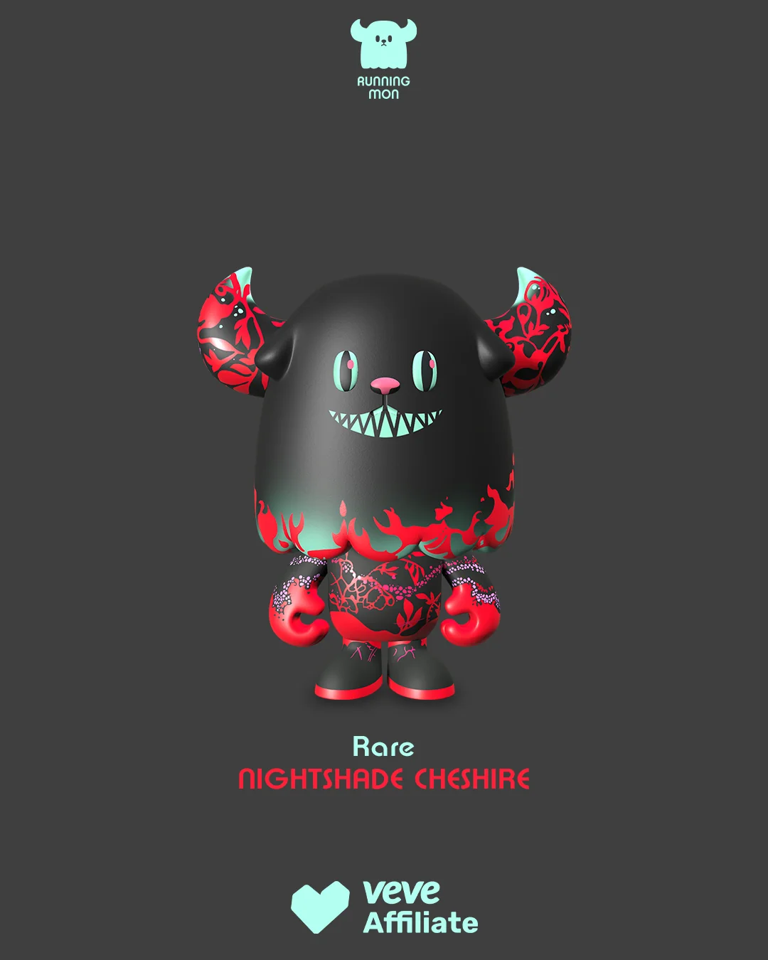 Nightshade Cheshire aus Running Mon Series 2 als schwarze Figur mit roten Details und grinsendem Gesicht auf dunklem Hintergrund.