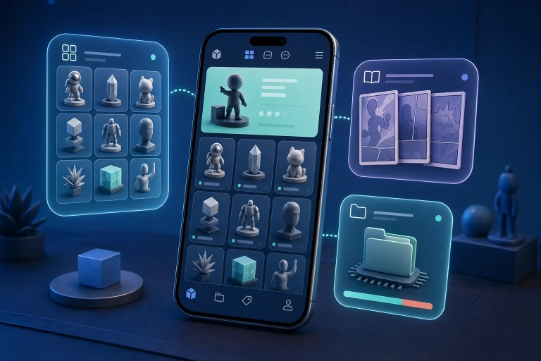 Smartphone mit Collection-UI und Karten für Showcase, Comics und My Files im VeVe-Update