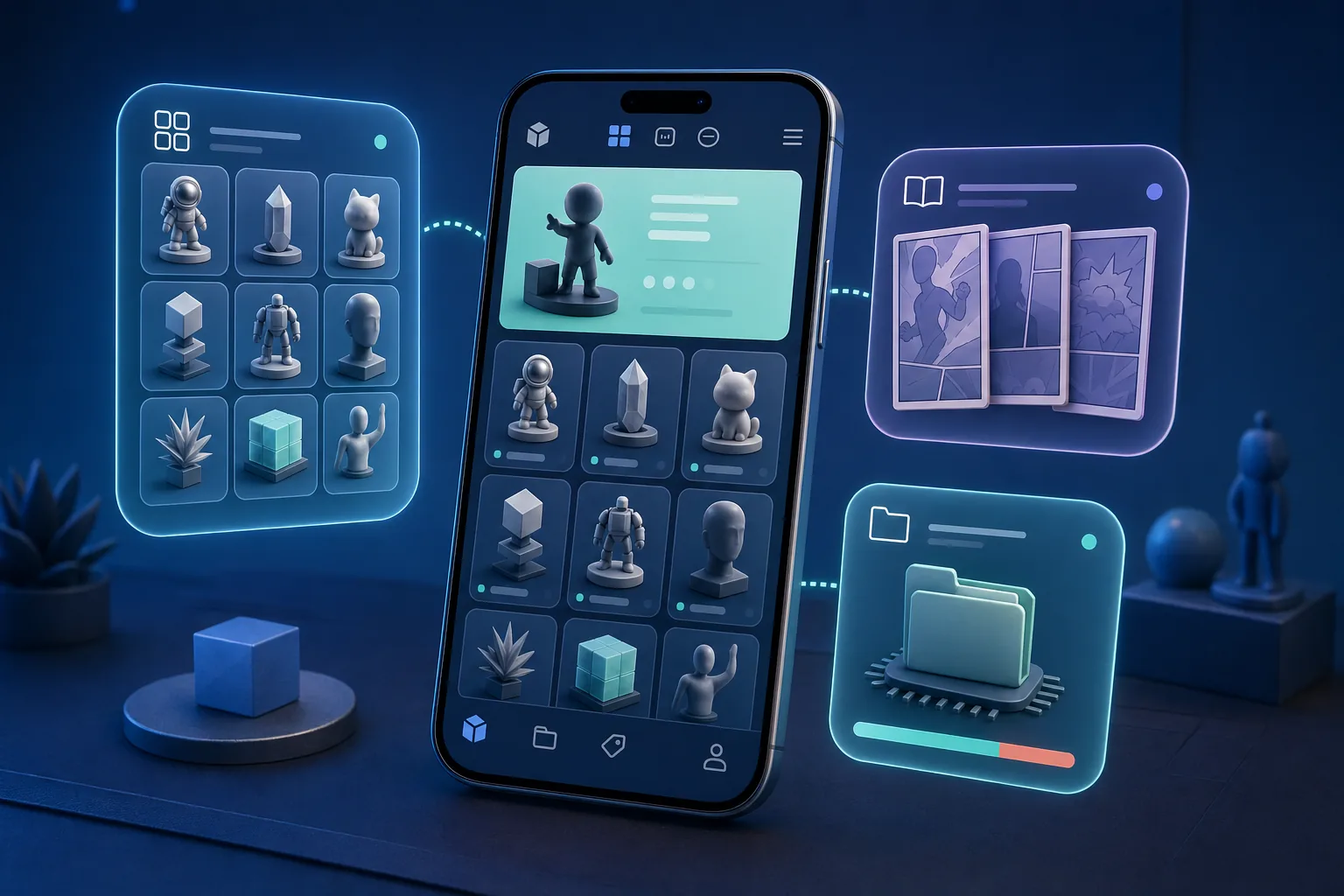 Smartphone mit Collection-UI und Karten für Showcase, Comics und My Files im VeVe-Update