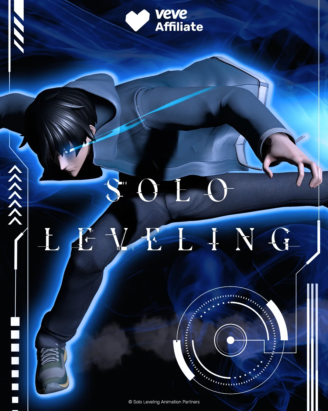 Dynamisches Solo-Leveling-Motiv mit Sung Jinwoo in Vorwaertsbewegung vor blauem Energiehintergrund und grossem Serienlogo.