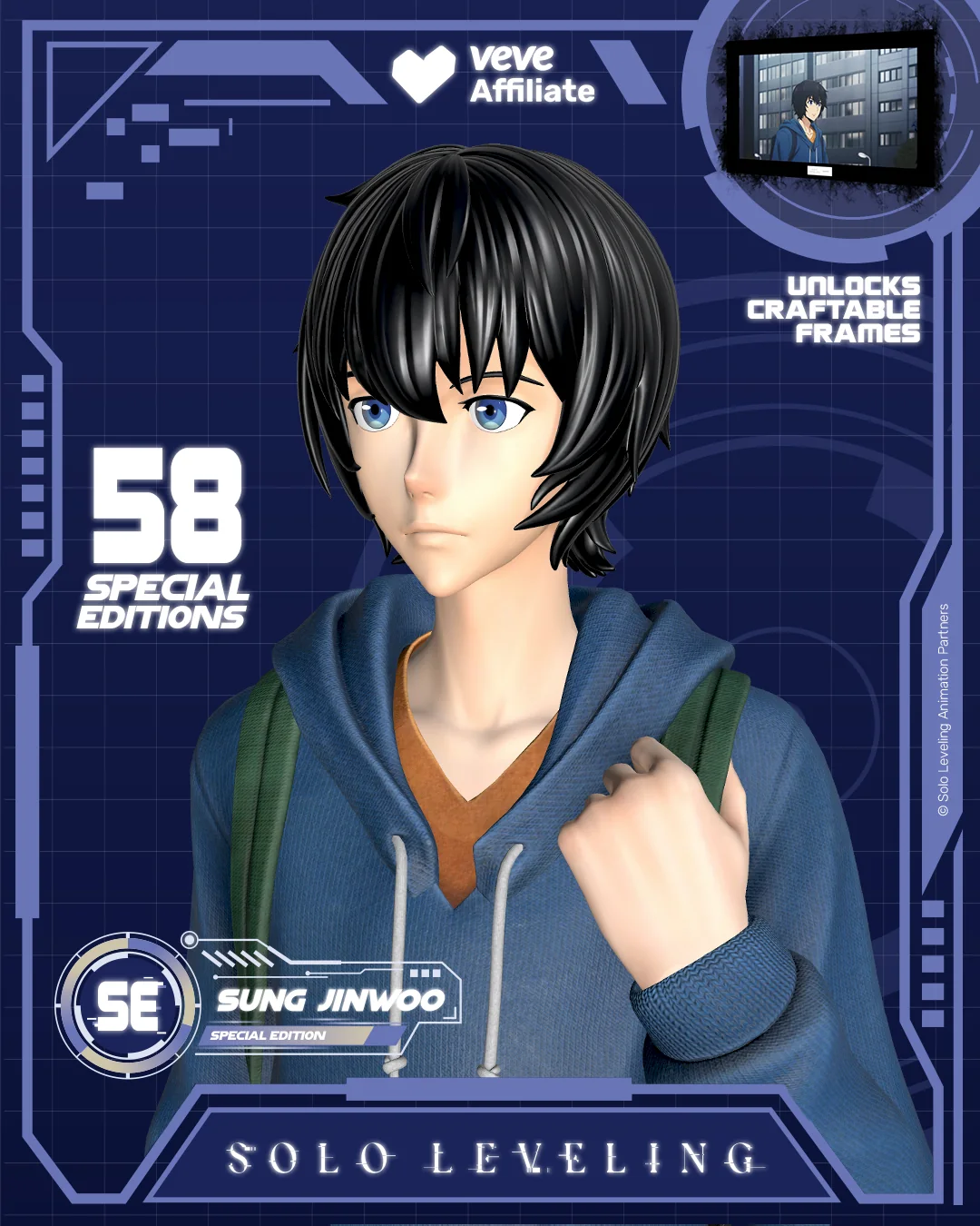 Portraet von Sung Jinwoo mit Rucksack in einer klaren Solo-Leveling-Kartenansicht mit sichtbarem Special-Edition-Hinweis.