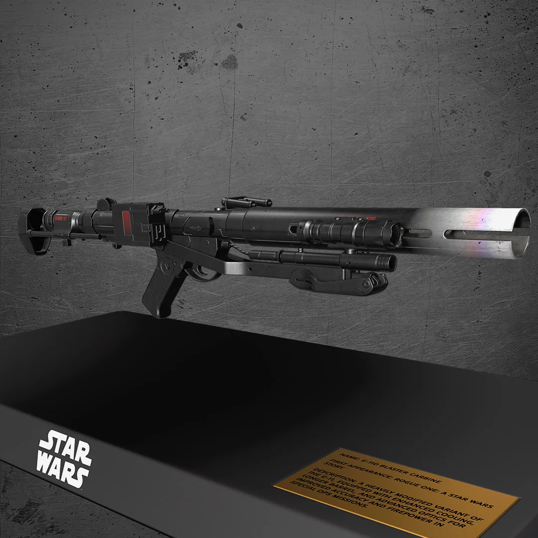Star Wars E-11D Blaster Carbine als digitales VeVe-Collectible auf Sockel mit Plakette vor neutralem Hintergrund.