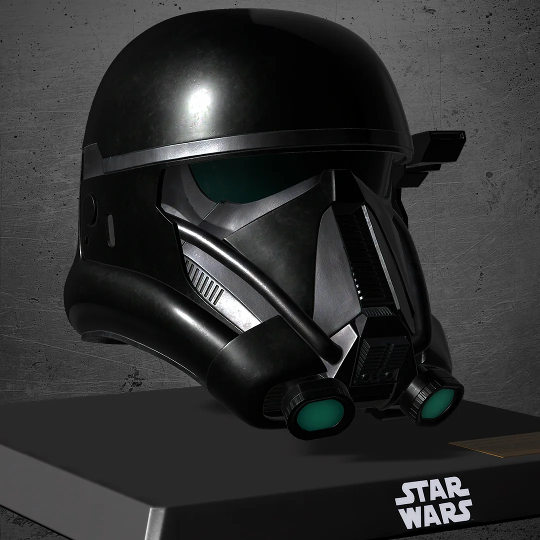 Schraegansicht des Star Wars Death Trooper Helmet als digitales VeVe-Collectible auf Sockel mit Plakette und Logo.