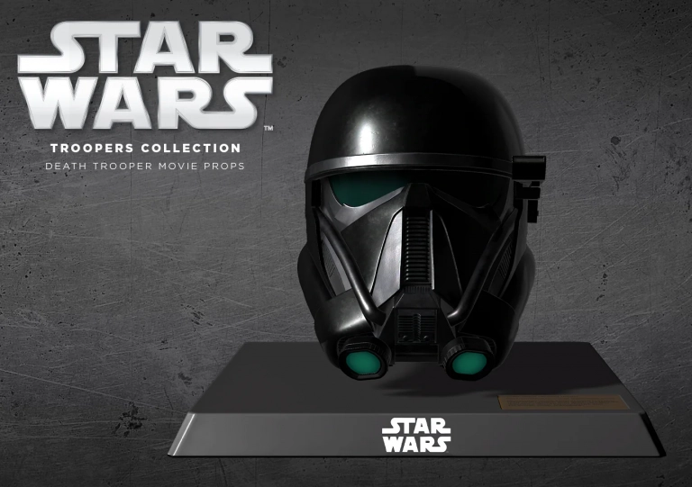 Promo-Motiv zu Star Wars Death Trooper Movie Props auf VeVe mit Death-Trooper-Helm auf Sockel und Serienlogo im Bild.