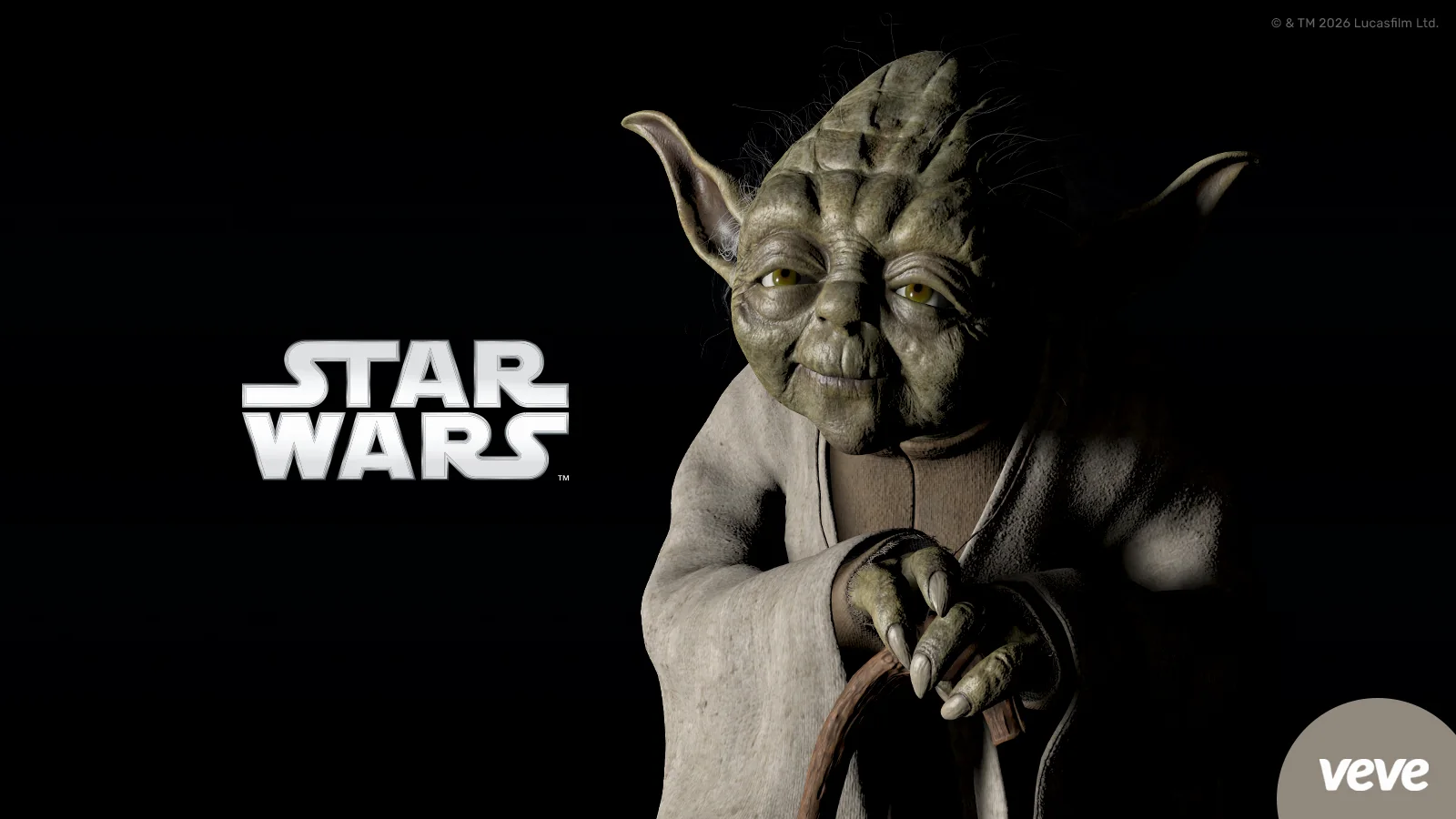VeVe Star Wars Yoda Key Visual mit Jedi-Meister Yoda, Star Wars Logo und dunklem Hintergrund