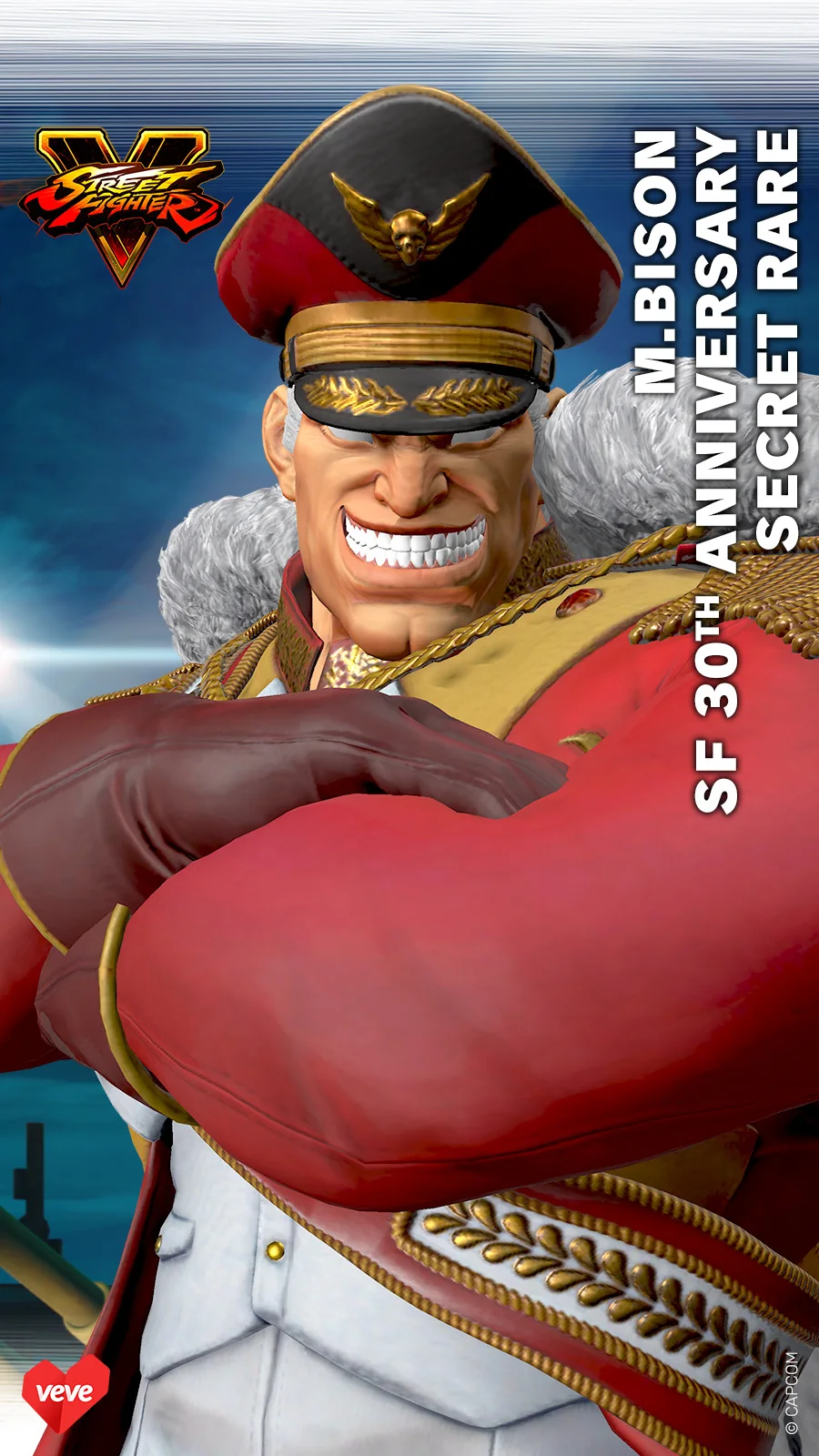 M. Bison aus Street Fighter V auf VeVe in Jubiläumsuniform mit seitlicher Beschriftung zur 30th Anniversary Secret Rare Variante.