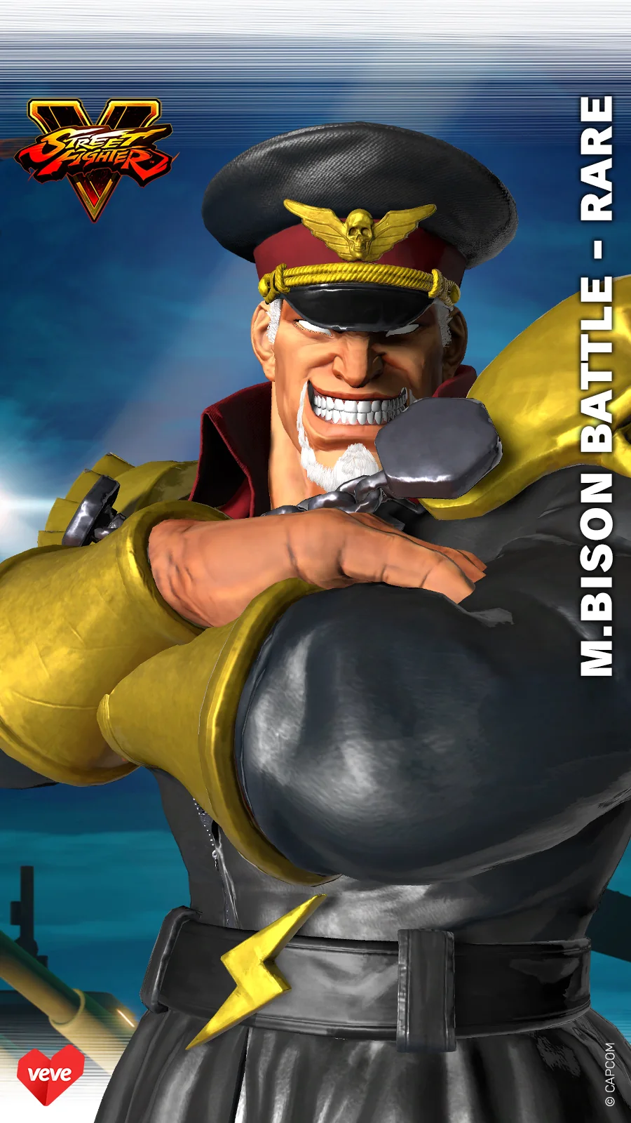 Variante von M. Bison aus Street Fighter V auf VeVe in dunklem Outfit mit gelben Akzenten und Battle-Rare-Schrift am Rand.