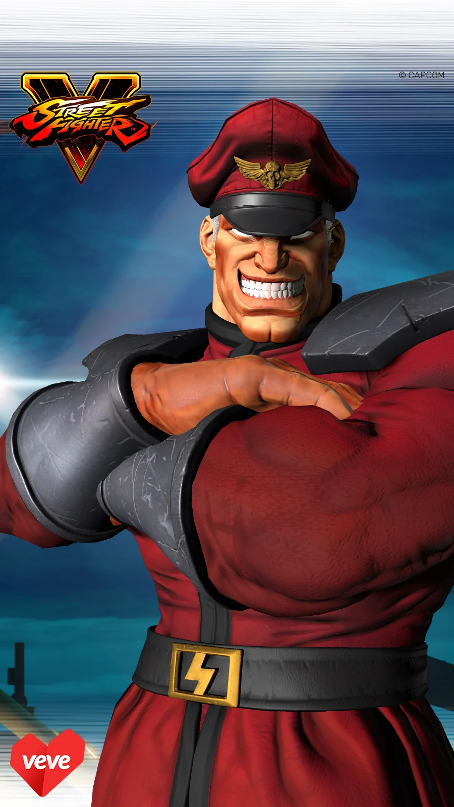 Vertikales Motiv von M. Bison aus Street Fighter V auf VeVe mit verschränkten Armen, roter Uniform und Logo links oben.