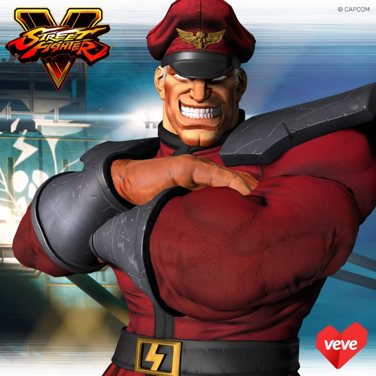 Nahaufnahme von M. Bison aus Street Fighter V auf VeVe mit verschraenkten Armen und markantem Grinsen vor blauem Hintergrund.