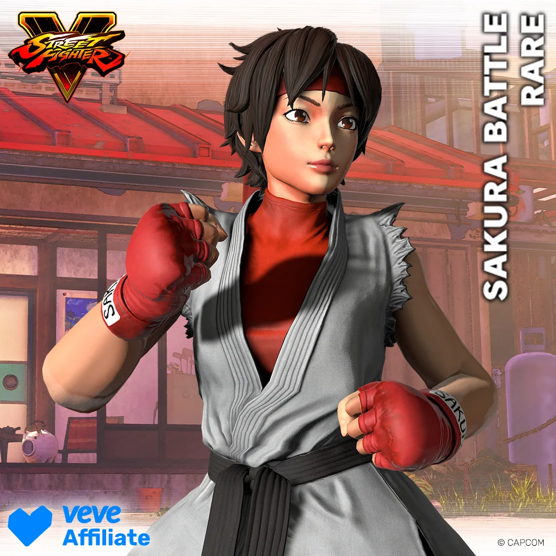 Street Fighter V Sakura im kampfbereiten Outfit als VeVe Collectible, frontal inszeniert mit rotem Stirnband und Handschuhen.