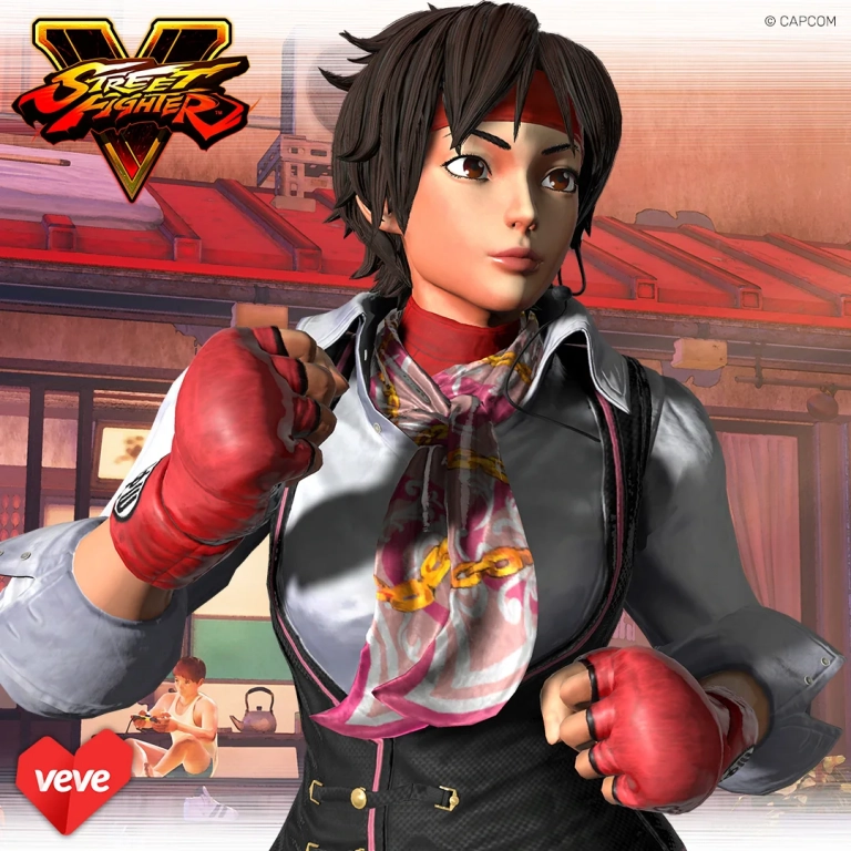 Street Fighter V Sakura als VeVe Collectible im modernen Outfit mit roten Handschuhen vor urbaner Hintergrundszene.