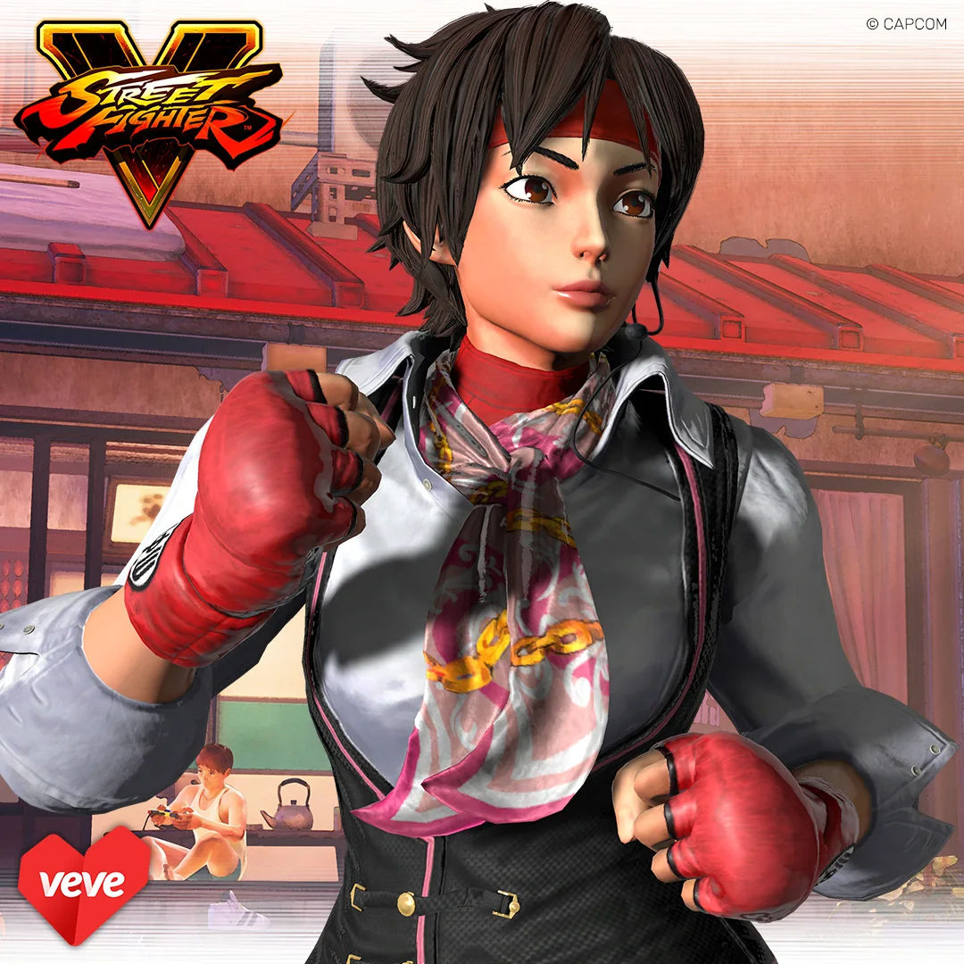 Street Fighter V Sakura als VeVe Collectible im modernen Outfit mit roten Handschuhen vor urbaner Hintergrundszene.