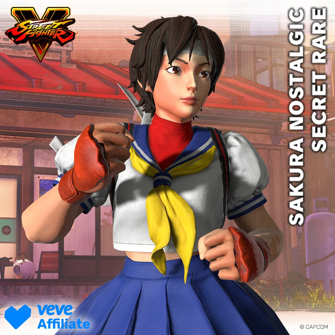 Street Fighter V Sakura im klassisch inspirierten Outfit als VeVe Collectible, frontal dargestellt vor ruhiger Hintergrundszene.