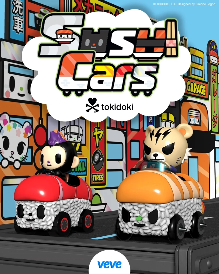 Key Visual zu tokidoki Sushi Cars auf VeVe mit zwei sushi-inspirierten Fahrzeugen vor bunter Stadtkulisse.