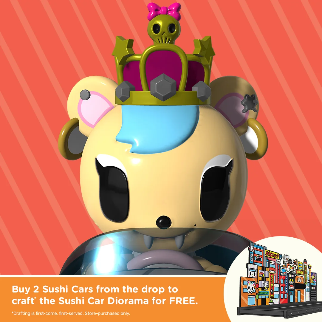 Ikabriolet aus tokidoki Sushi Cars als Close-up mit markanter Figur und eingeblendetem Sushi-Car-Diorama-Hinweis.