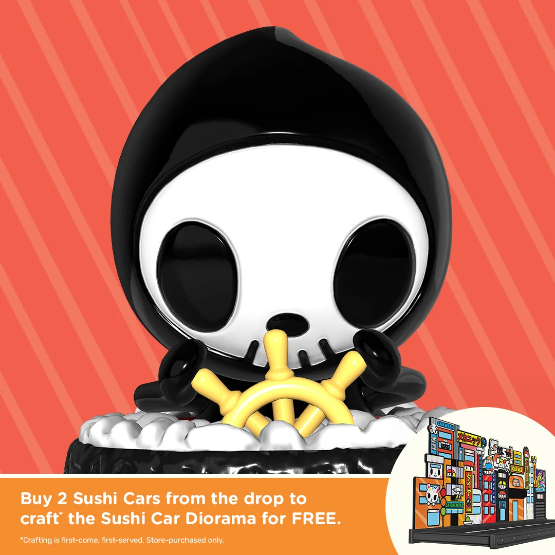 Maki Machine aus tokidoki Sushi Cars mit Adios und Ciao Ciao sowie Banner zum kostenlosen Sushi Car Diorama.