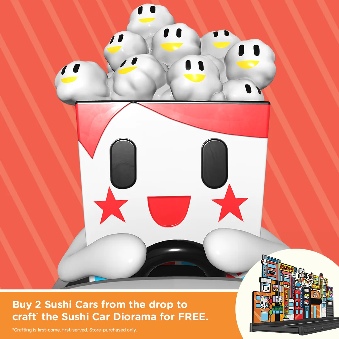 Octo-Cart aus tokidoki Sushi Cars mit Popcorn-Guy-Design und eingeblendetem Hinweis zum Sushi Car Diorama.
