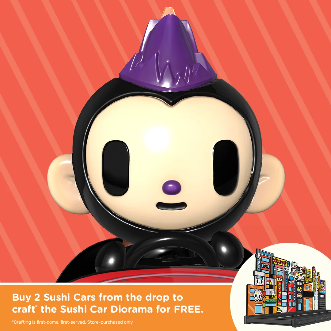 Nahaufnahme von Turbo Toro aus tokidoki Sushi Cars mit Hinweis auf das kostenlose Crafting des Sushi Car Diorama.