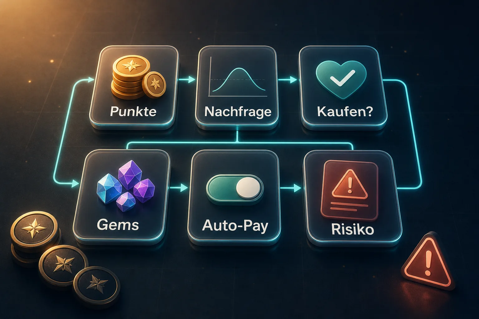 Illustration einer Entscheidungs-Matrix mit Kacheln für Punkte, Nachfrage, Kaufen, Gems, Auto-Pay und Risiko