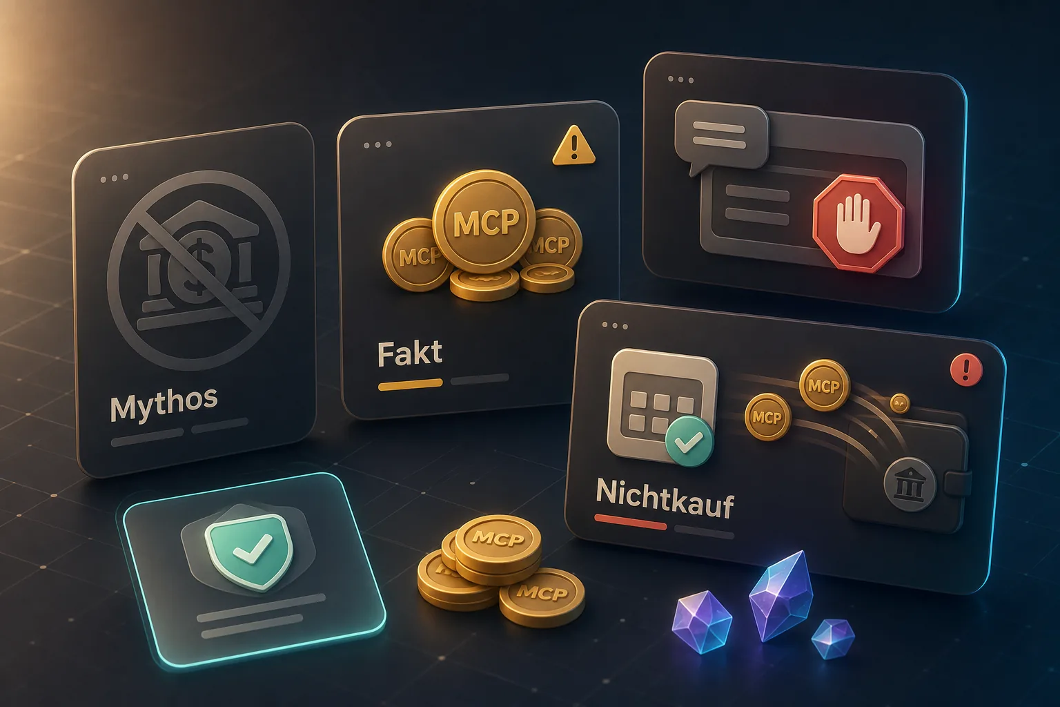 Illustration mit Mythos- und Fakt-Karten, MCP-Chips, Nichtkauf-Risiko sowie blockierter Fake-DM und Fake-Form