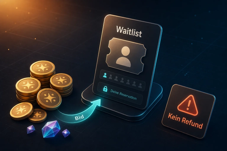 Illustration einer Waitlist-Karte mit MCP-Punkte-Chips, Gems, Bid-Pfeil und Warnhinweis „Kein Refund“