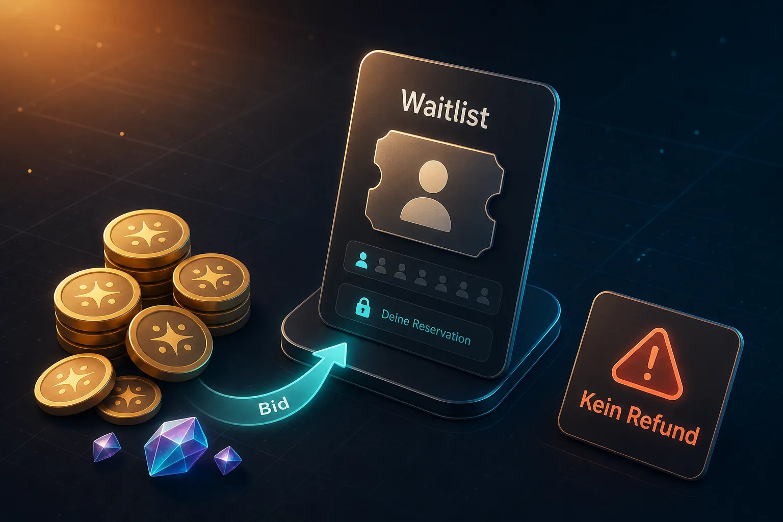 Illustration einer Waitlist-Karte mit MCP-Punkte-Chips, Gems, Bid-Pfeil und Warnhinweis „Kein Refund“