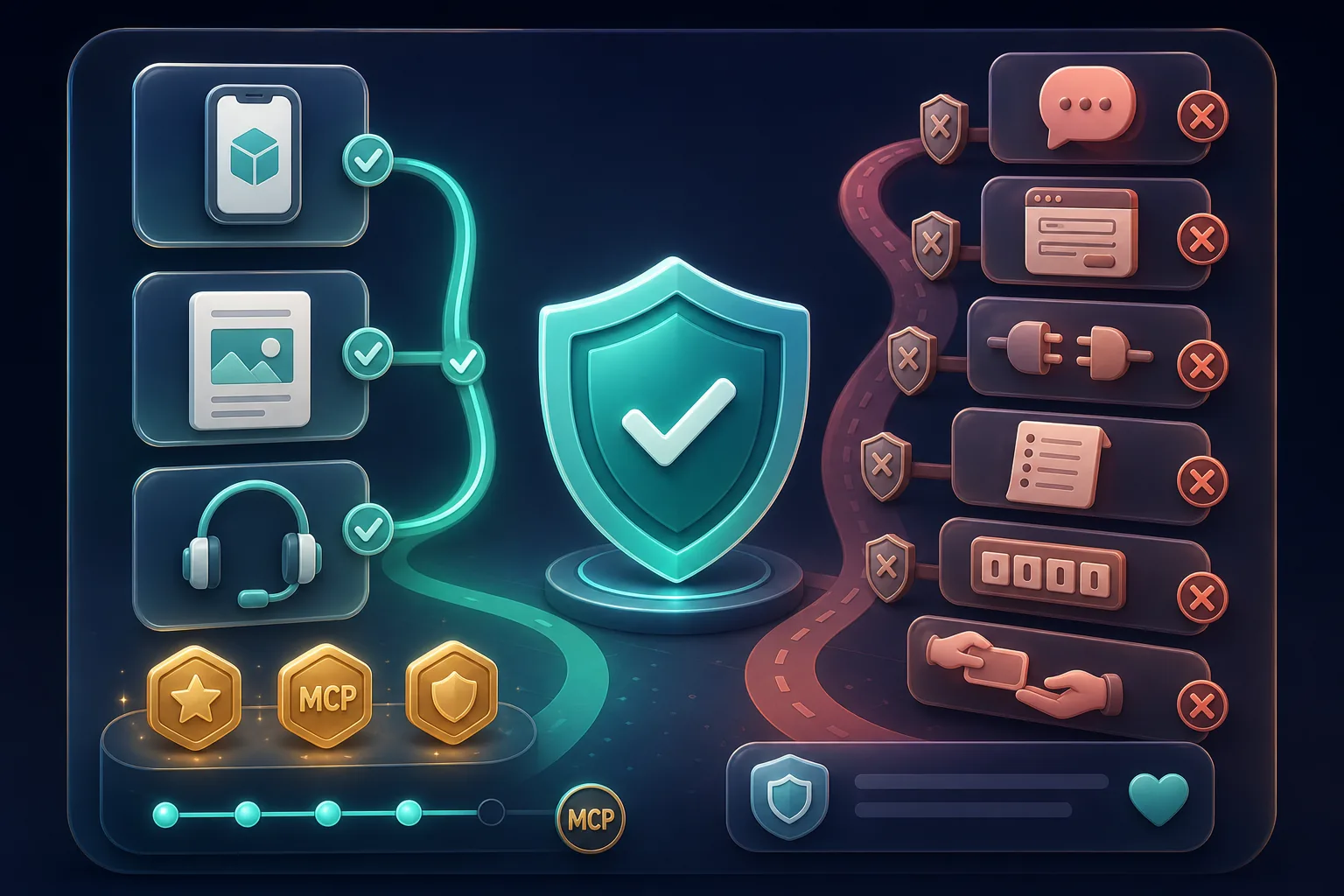 Sicherheitsgrafik mit Teal-Schild, offiziellem Pfad und blockierten DMs, Fake-Forms, Wallet-Connects und 2FA-Codes.