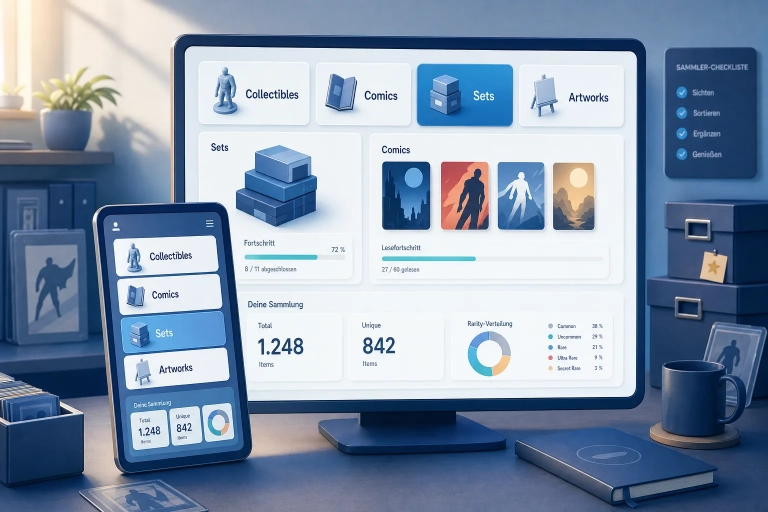 Desktop und Smartphone zeigen ein blaues VeVe Collection-Dashboard mit Tabs für Collectibles, Comics, Sets und Artworks