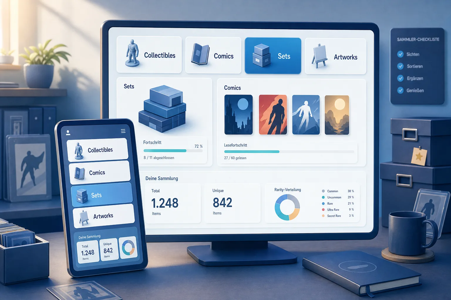 Desktop und Smartphone zeigen ein blaues VeVe Collection-Dashboard mit Tabs für Collectibles, Comics, Sets und Artworks
