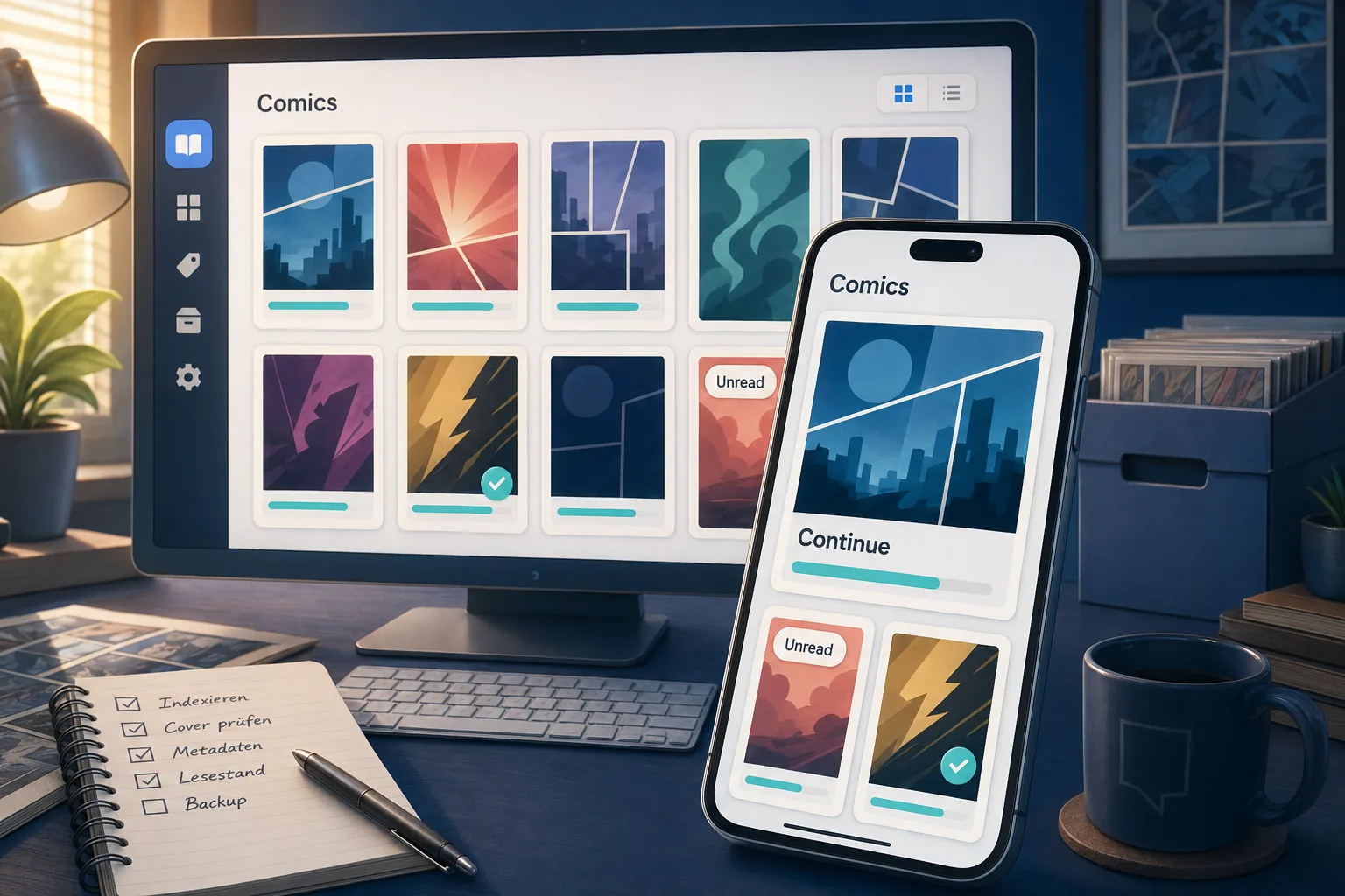 Smartphone und Desktop zeigen eine VeVe Comic-Bibliothek mit Unread-Badge, Finished-Haken und Continue-Karte