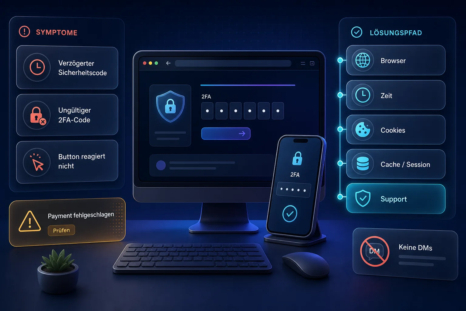 Diagnose-Board mit 2FA-Problemen, Payment-Fehler, Browserwechsel, Gerätezeit, Cookies und Support
