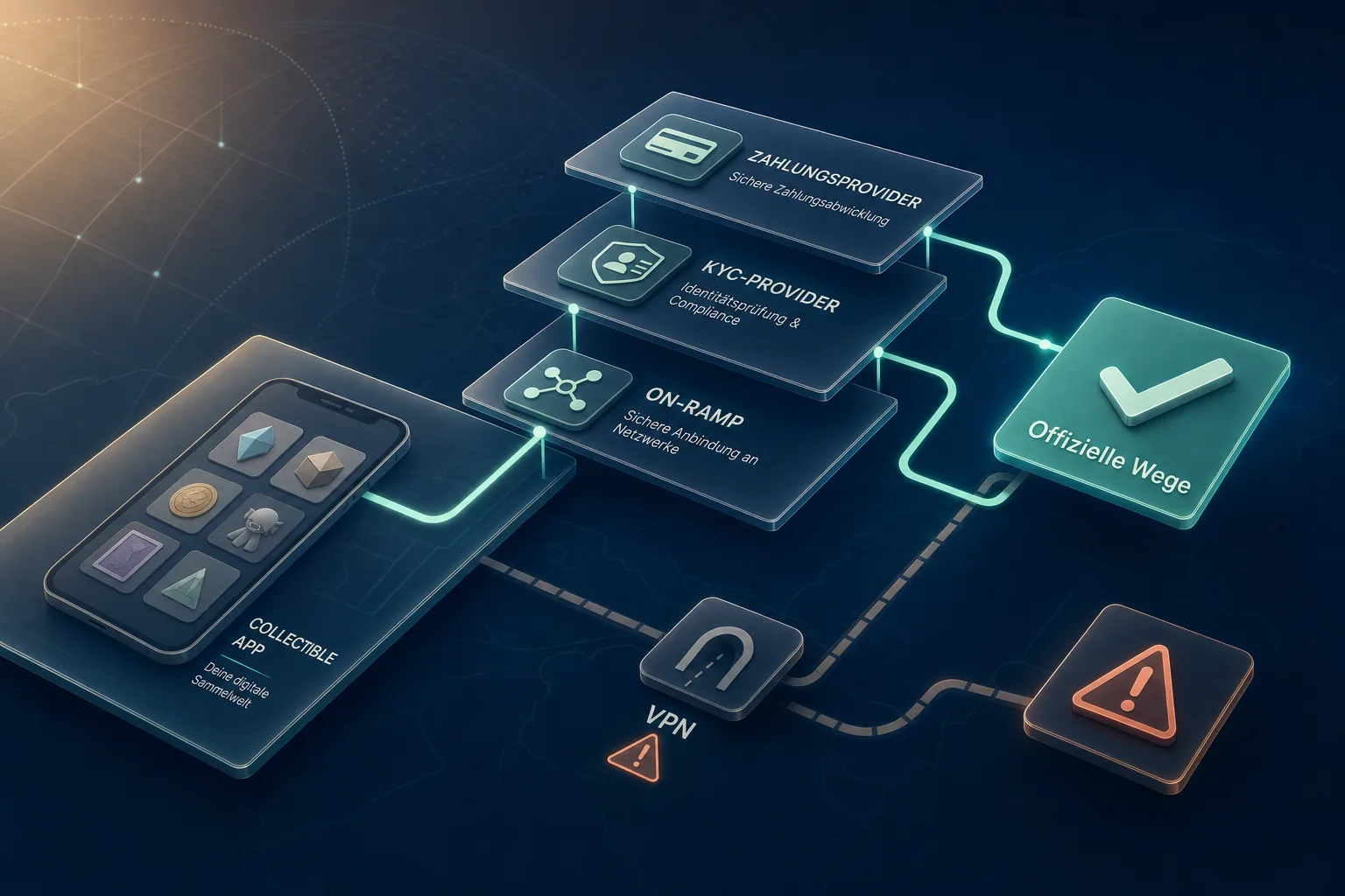 Abstrakte Provider-Karte mit App, Payment, KYC, On-Ramp, VPN-Warnung und offiziellen Wegen für VeVe.