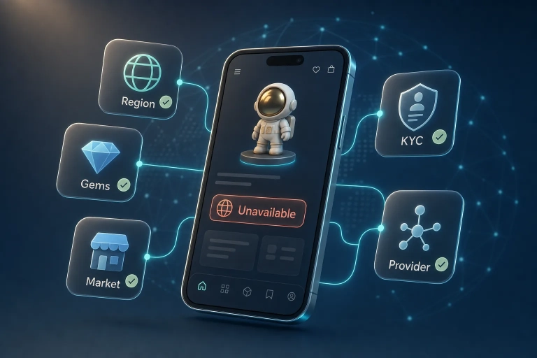 Smartphone mit Unavailable-Hinweis und Kacheln für Region, Gems, Market, KYC und Provider bei VeVe.