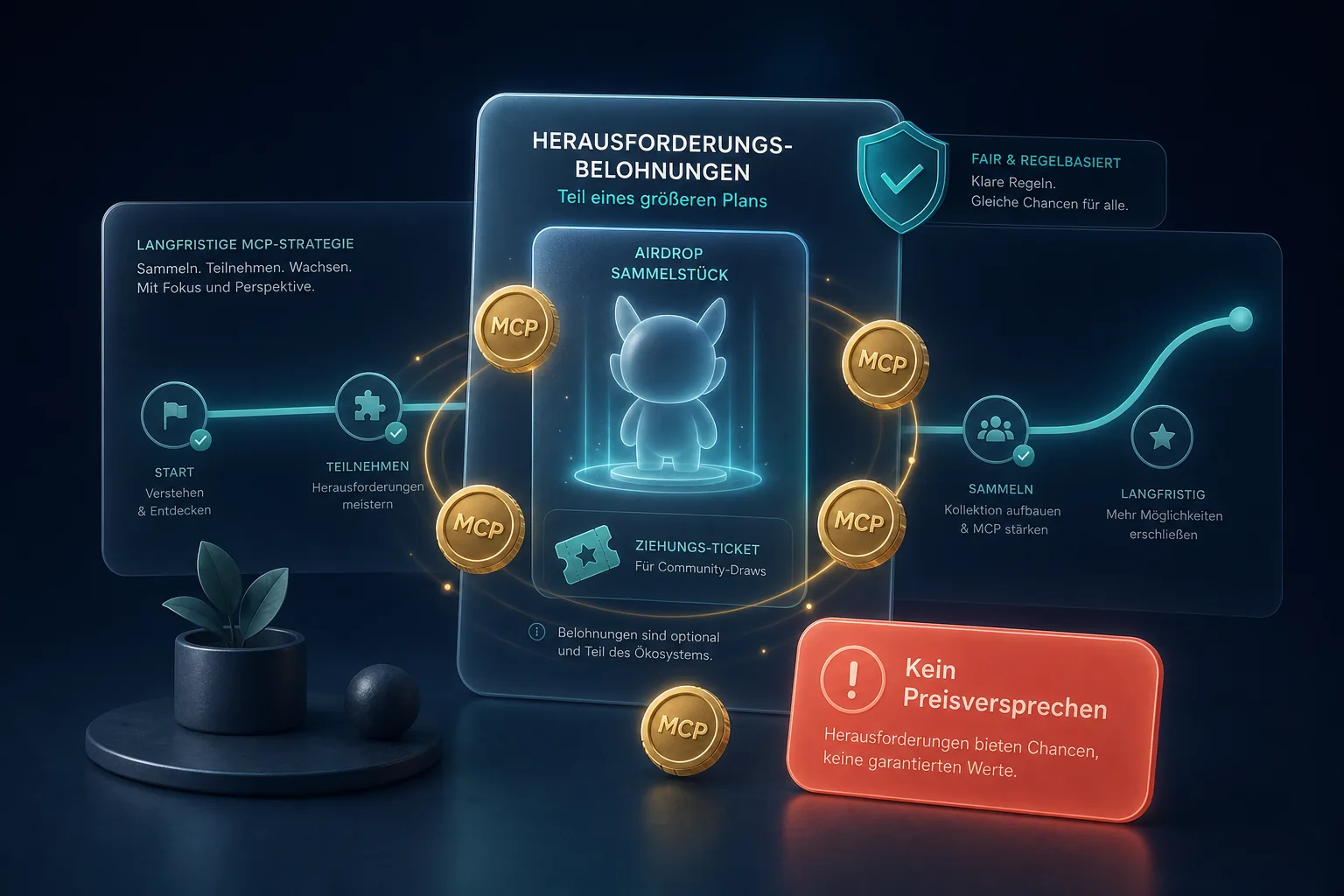 Reward-Dashboard mit Airdrop-Karte, Draw-Ticket, MCP-Chips, Strategiepfad und Warnhinweis Kein Preisversprechen.