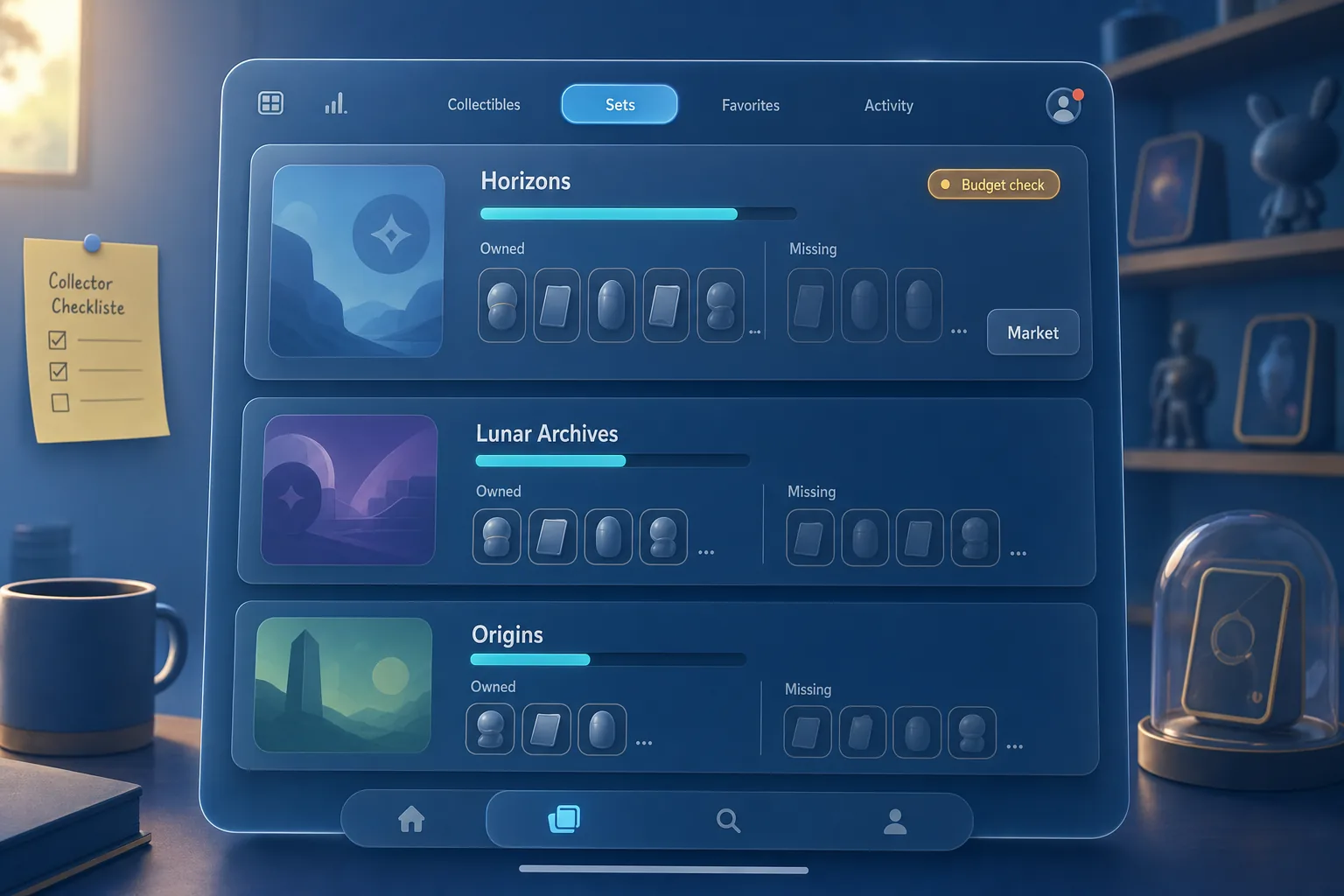 Blaue Set-Karten mit Fortschrittsbalken, Owned- und Missing-Bereichen sowie Market-Button in einer VeVe-UI