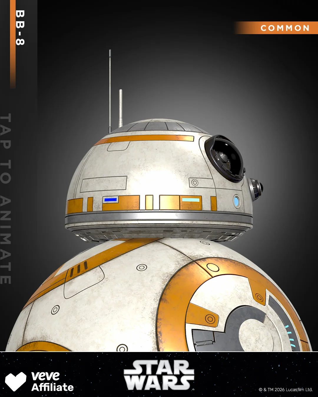 Nahaufnahme von BB-8 als VeVe Star Wars Collectible mit Hinweis Common und Tap to Animate.