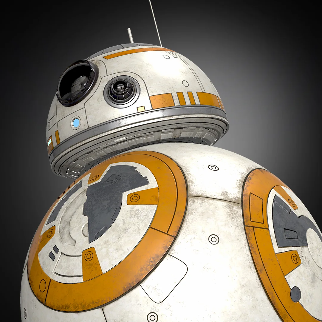 Detailansicht von BB-8 mit weiß-oranger Droidenoberfläche und technischen Panels als VeVe Collectible.
