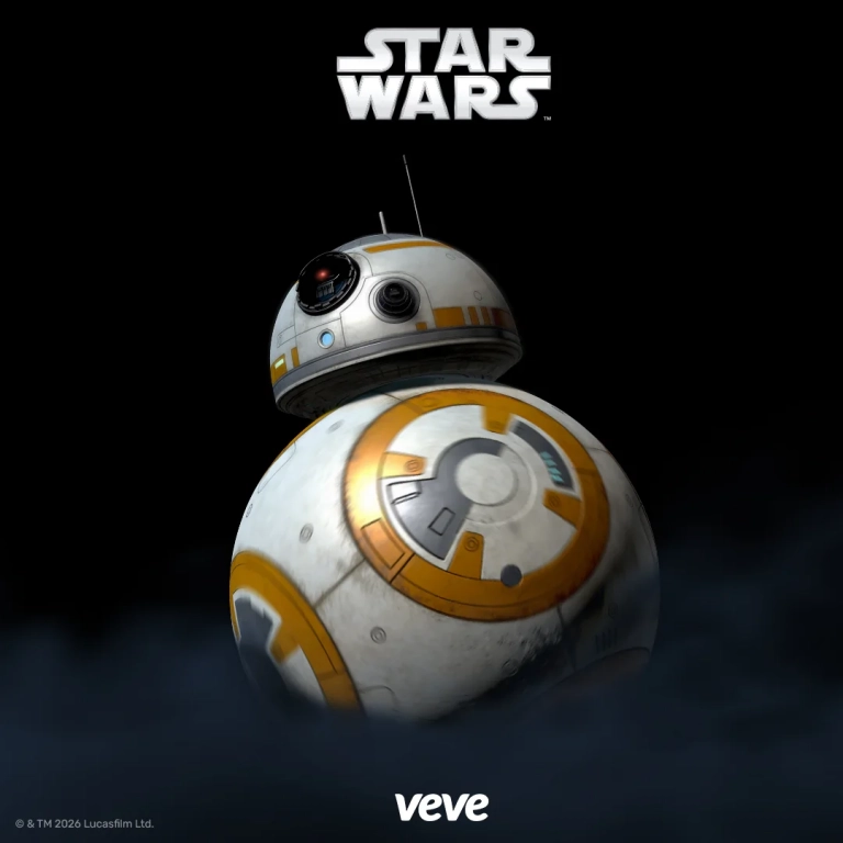 BB-8 als Star Wars Digital Collectible auf dunklem VeVe Key Visual mit Star Wars Logo.