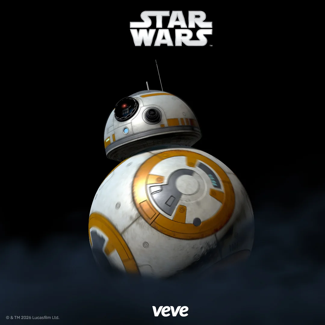 BB-8 als Star Wars Digital Collectible auf dunklem VeVe Key Visual mit Star Wars Logo.