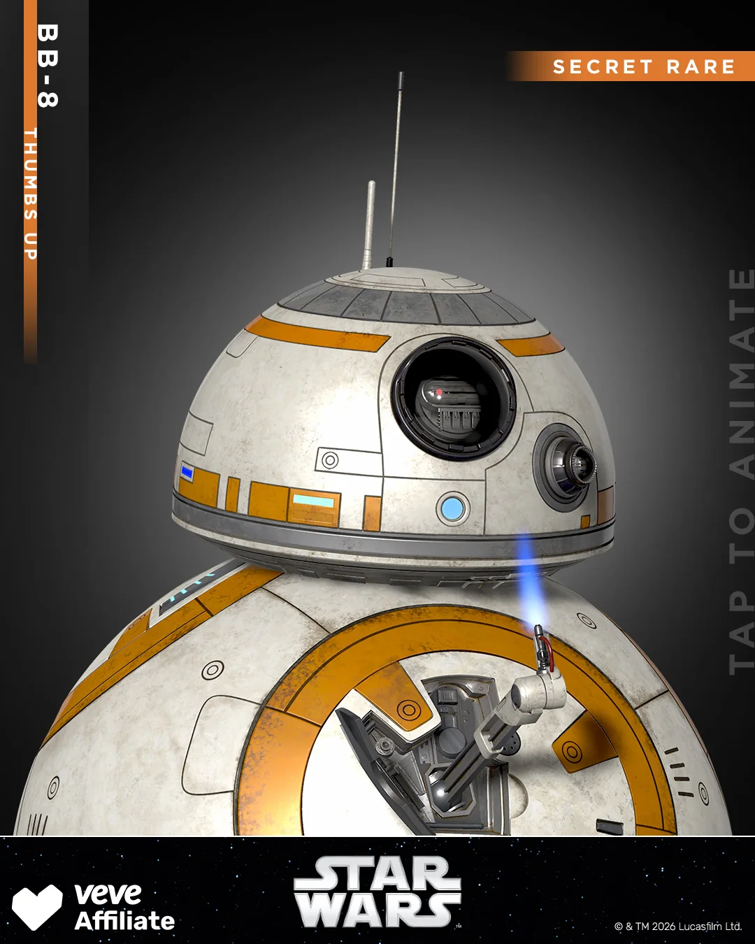 BB-8 Thumbs Up als VeVe Star Wars Collectible mit Secret Rare Kennzeichnung und Animationshinweis.