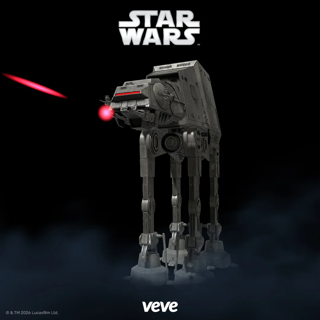 AT-AT Walker als Star Wars Fahrzeug Digital Collectible auf VeVe mit Blaster-Effekt im Promo-Bild.