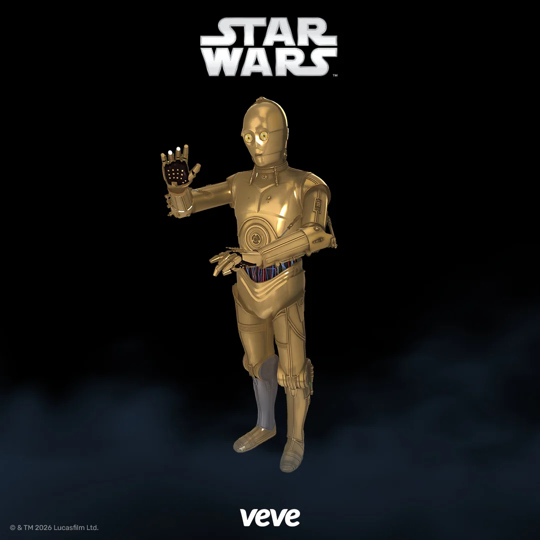 C-3PO als goldener Star Wars Droid Digital Collectible auf einer VeVe Promo-Grafik mit Logo.