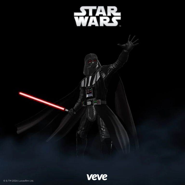 Darth Vader als Star Wars Digital Collectible auf VeVe mit rotem Lichtschwert vor dunklem Hintergrund.