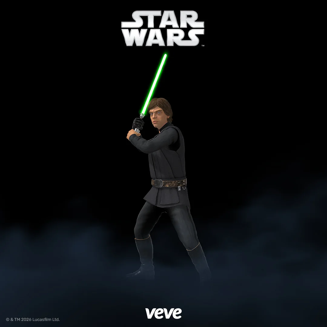 Luke Skywalker mit grünem Lichtschwert als Star Wars Digital Collectible auf VeVe Promo-Grafik.
