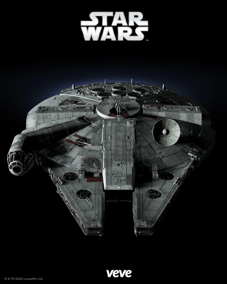 Star Wars Logo über dem Millennium Falcon als VeVe Motiv für digitale Star Wars Collectibles